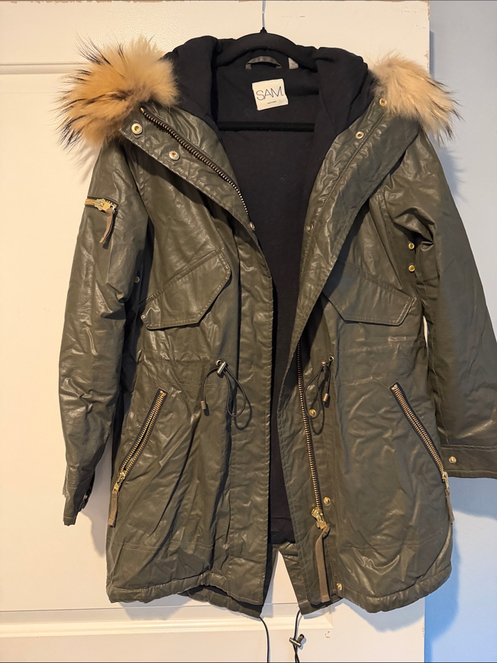 SAM. Olive Green Parka Coat with real Fur Trim
